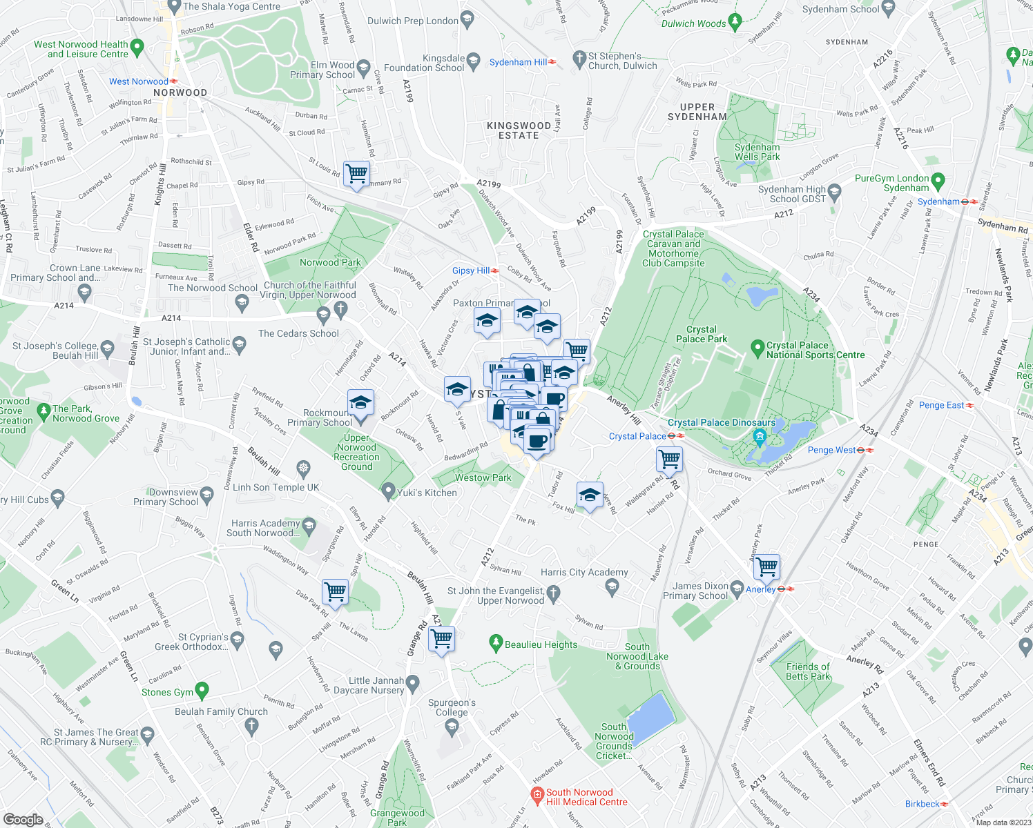 map of restaurants, bars, coffee shops, grocery stores, and more near 17 Westow Street in Greater London