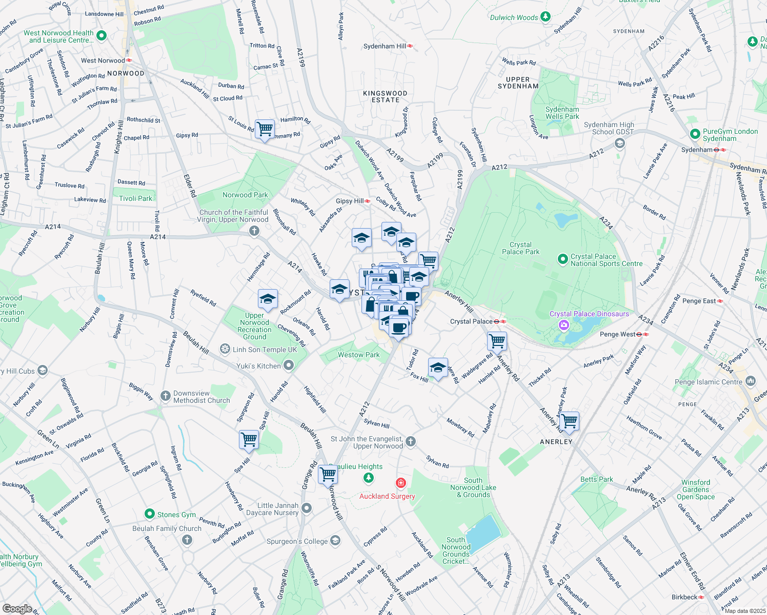 map of restaurants, bars, coffee shops, grocery stores, and more near 17 Westow Street in Greater London