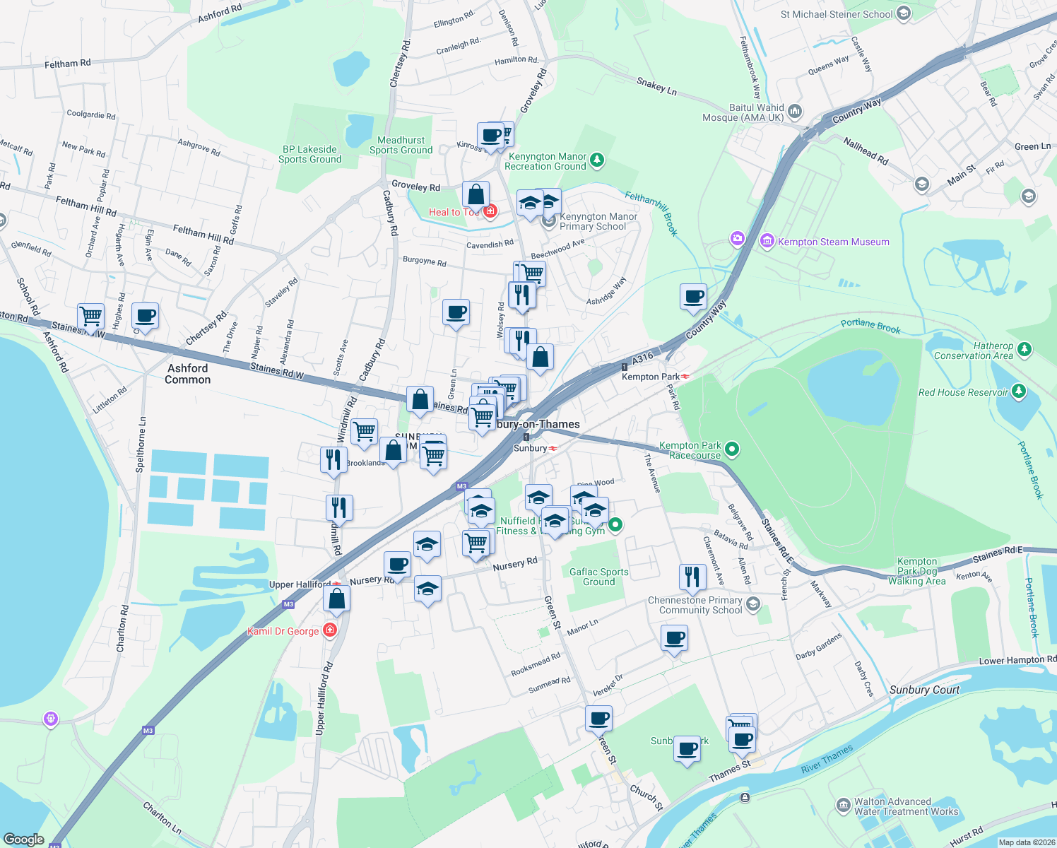 map of restaurants, bars, coffee shops, grocery stores, and more near in Sunbury-on-Thames