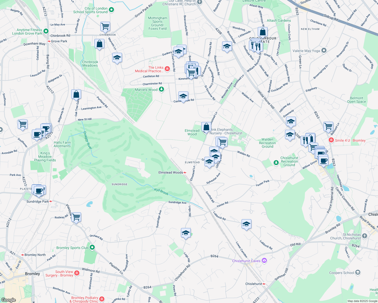 map of restaurants, bars, coffee shops, grocery stores, and more near Robin Hill Drive in Greater London