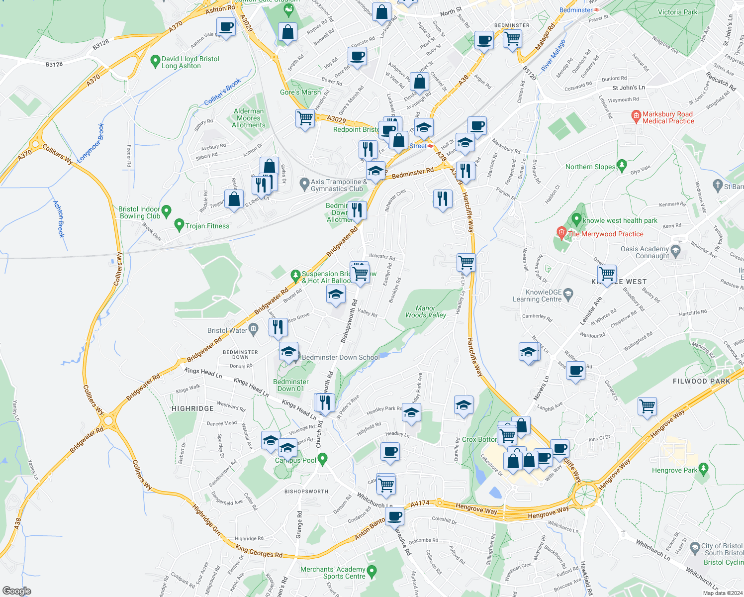 map of restaurants, bars, coffee shops, grocery stores, and more near 16 Lewis Road in City of Bristol