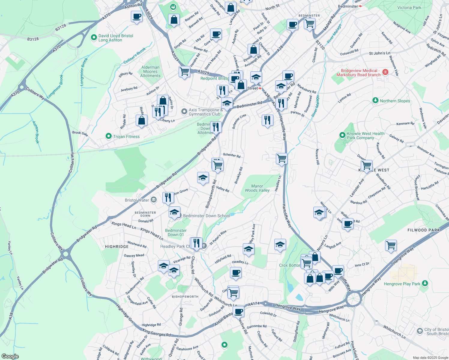 map of restaurants, bars, coffee shops, grocery stores, and more near 16 Lewis Road in Bristol City