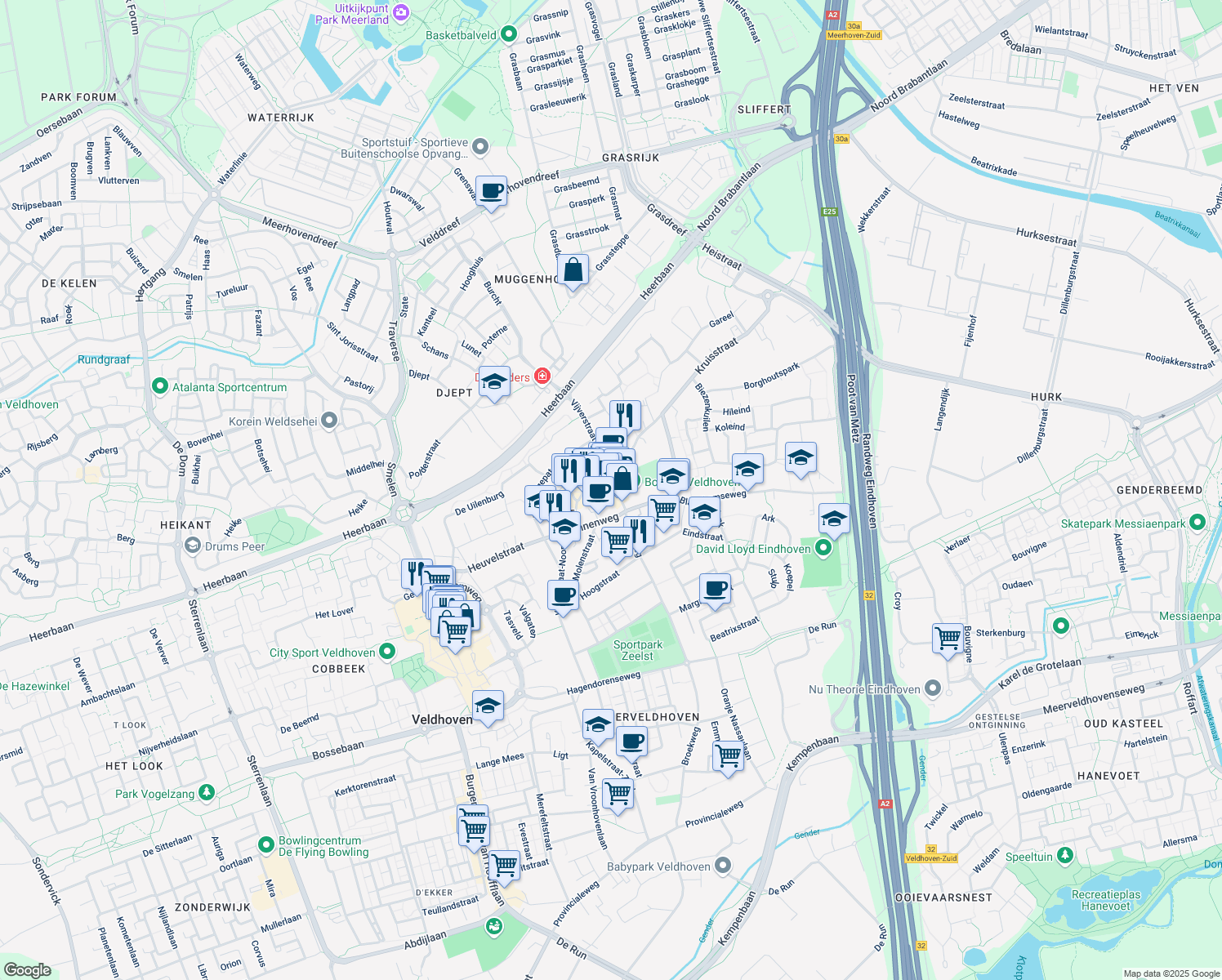 map of restaurants, bars, coffee shops, grocery stores, and more near 1 Blaarthemseweg in Veldhoven
