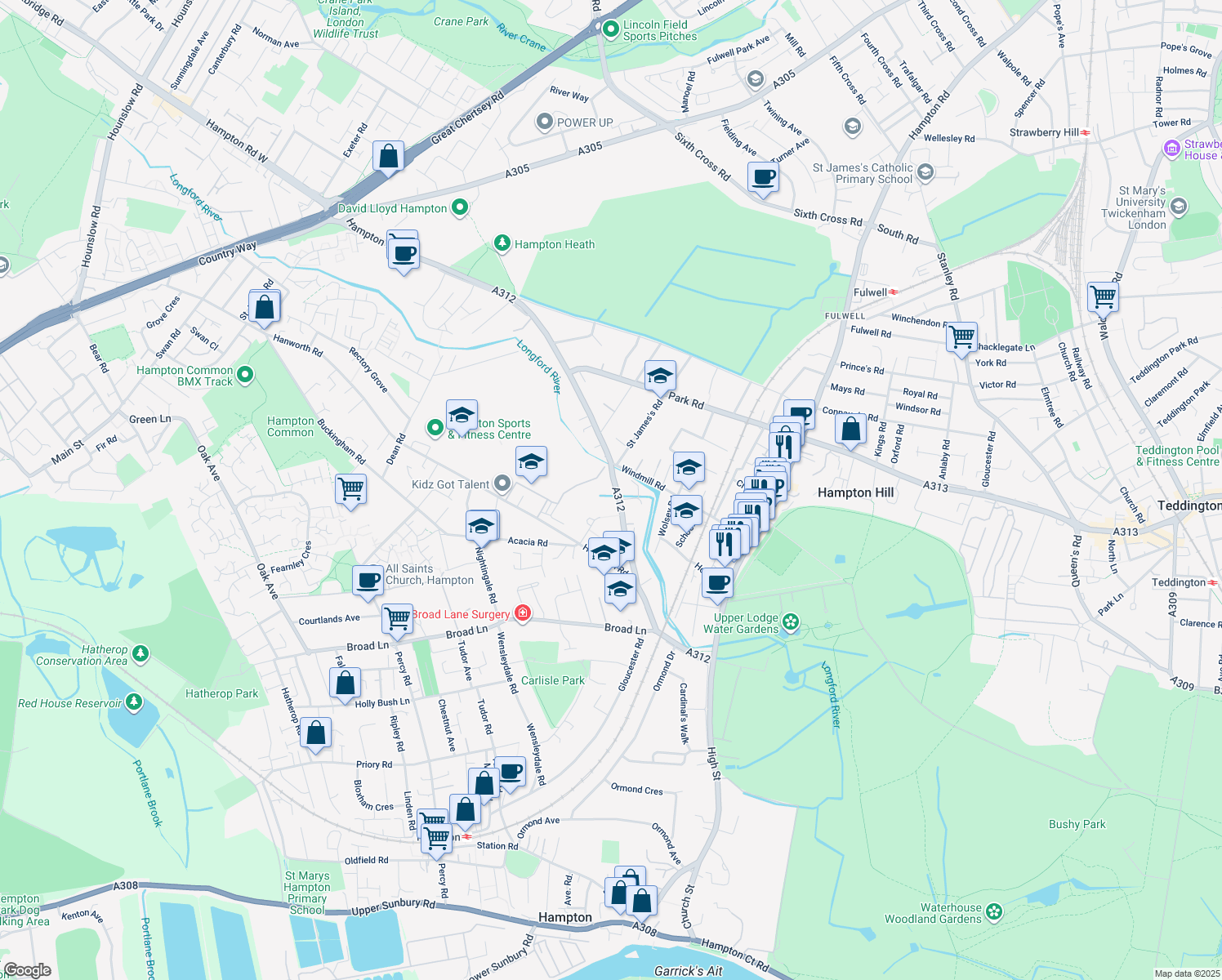 map of restaurants, bars, coffee shops, grocery stores, and more near 121B Uxbridge Road in Hampton Hill