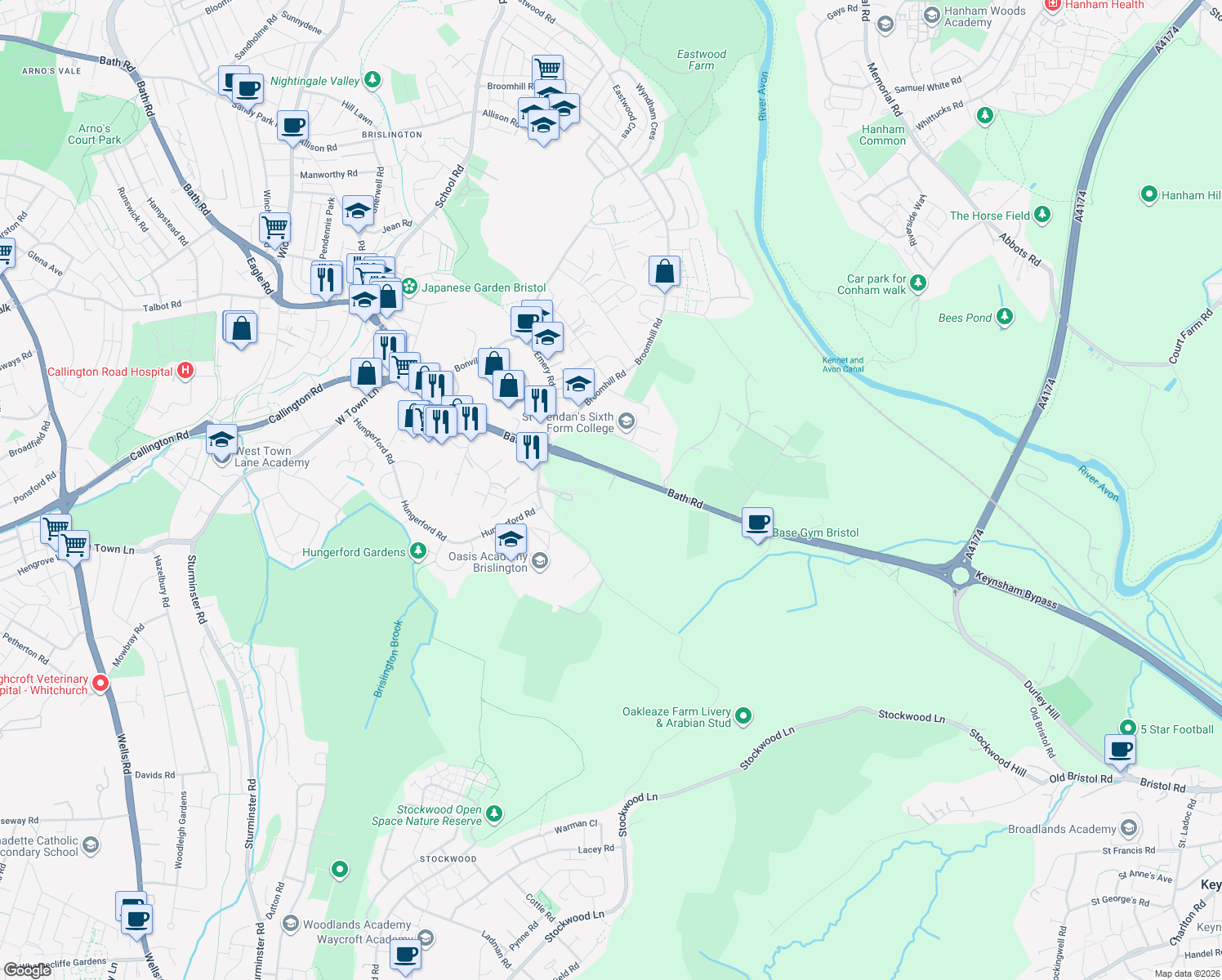 map of restaurants, bars, coffee shops, grocery stores, and more near Bath Road in Bristol City