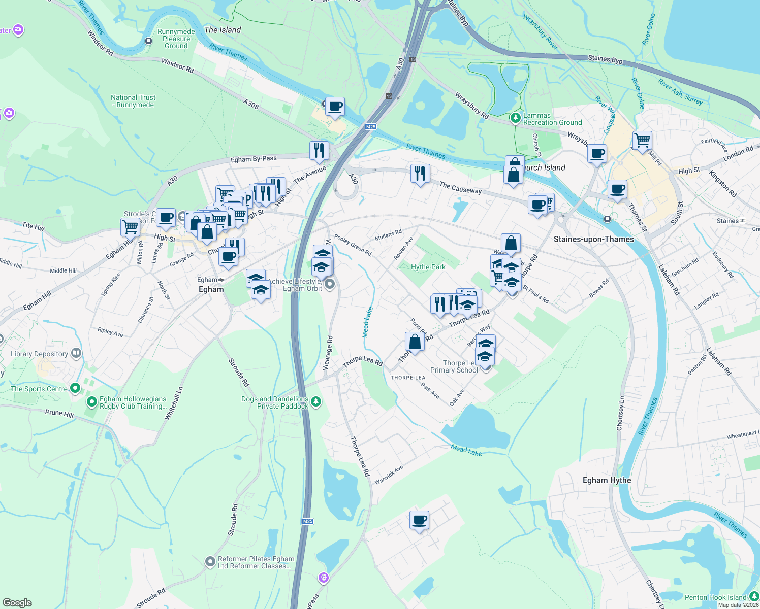 map of restaurants, bars, coffee shops, grocery stores, and more near Osier Place in Surrey