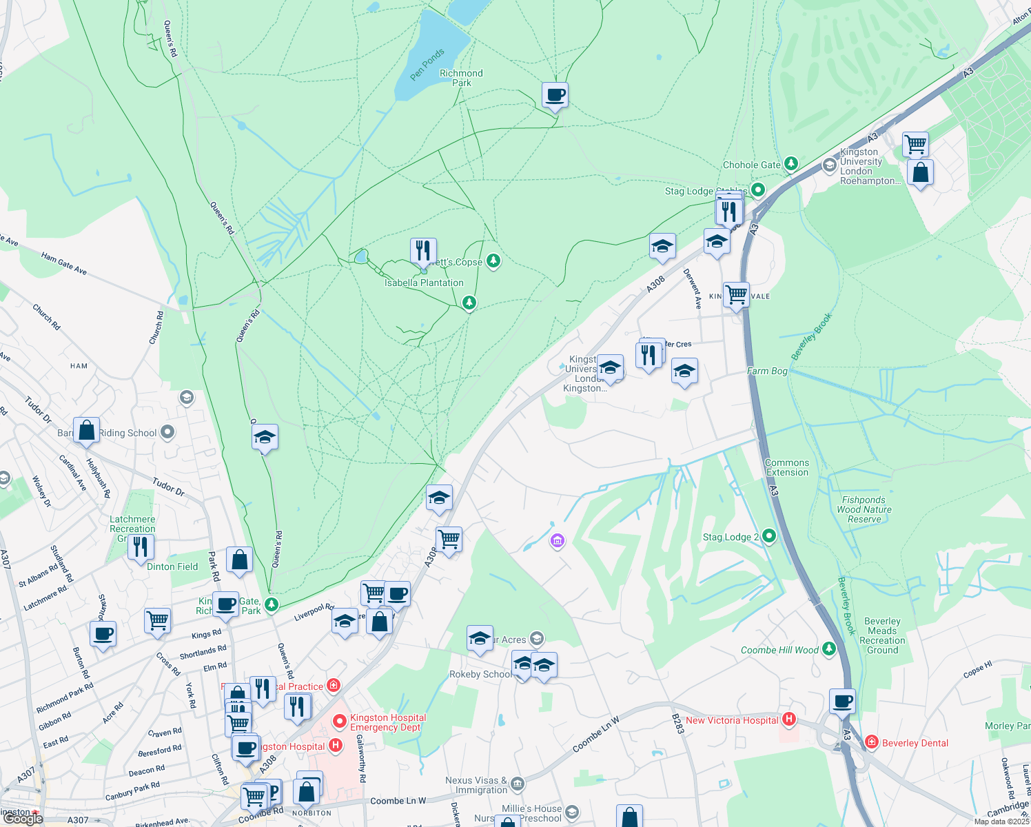 map of restaurants, bars, coffee shops, grocery stores, and more near 154 Kingston Hill in Greater London