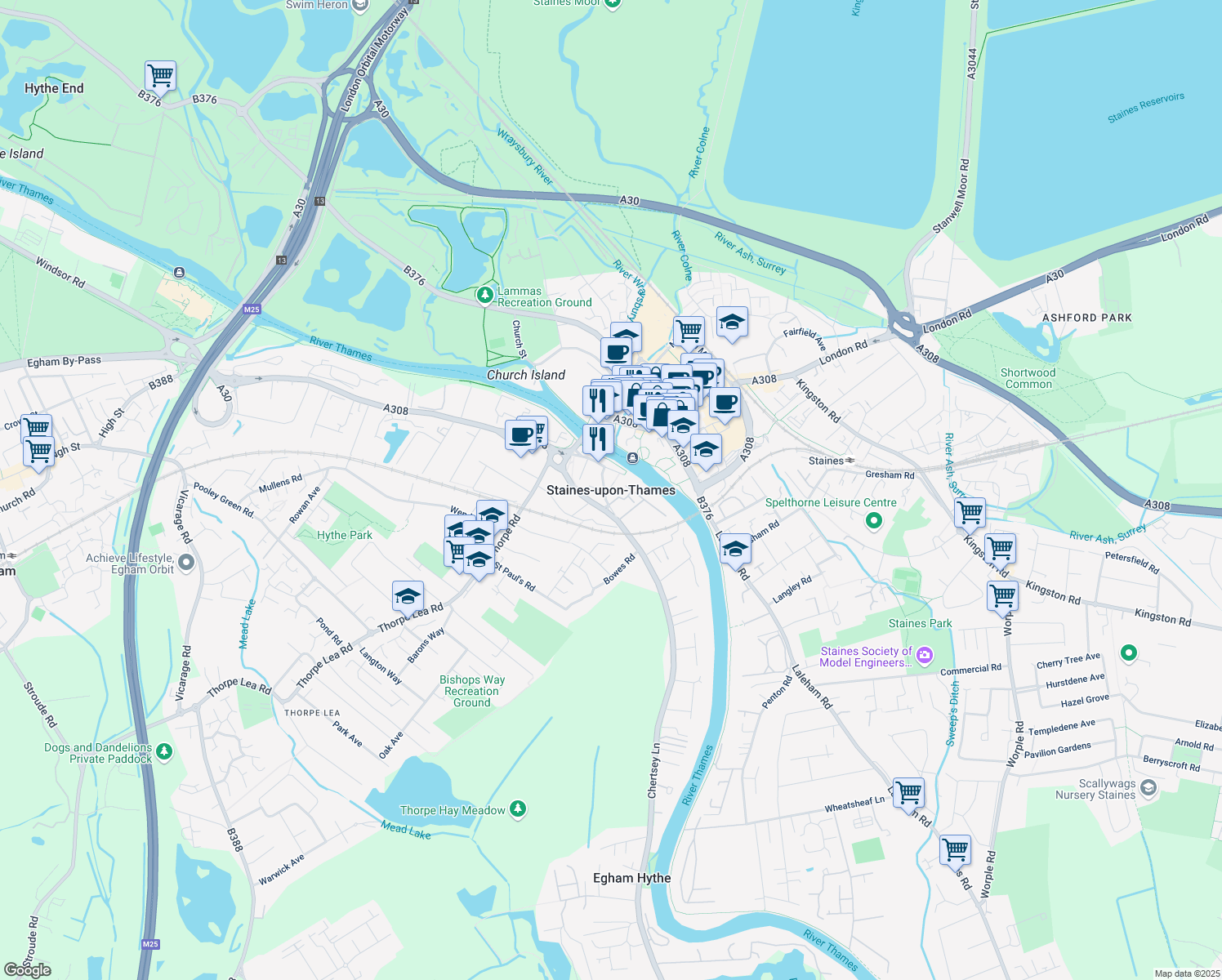 map of restaurants, bars, coffee shops, grocery stores, and more near in Staines-upon-Thames