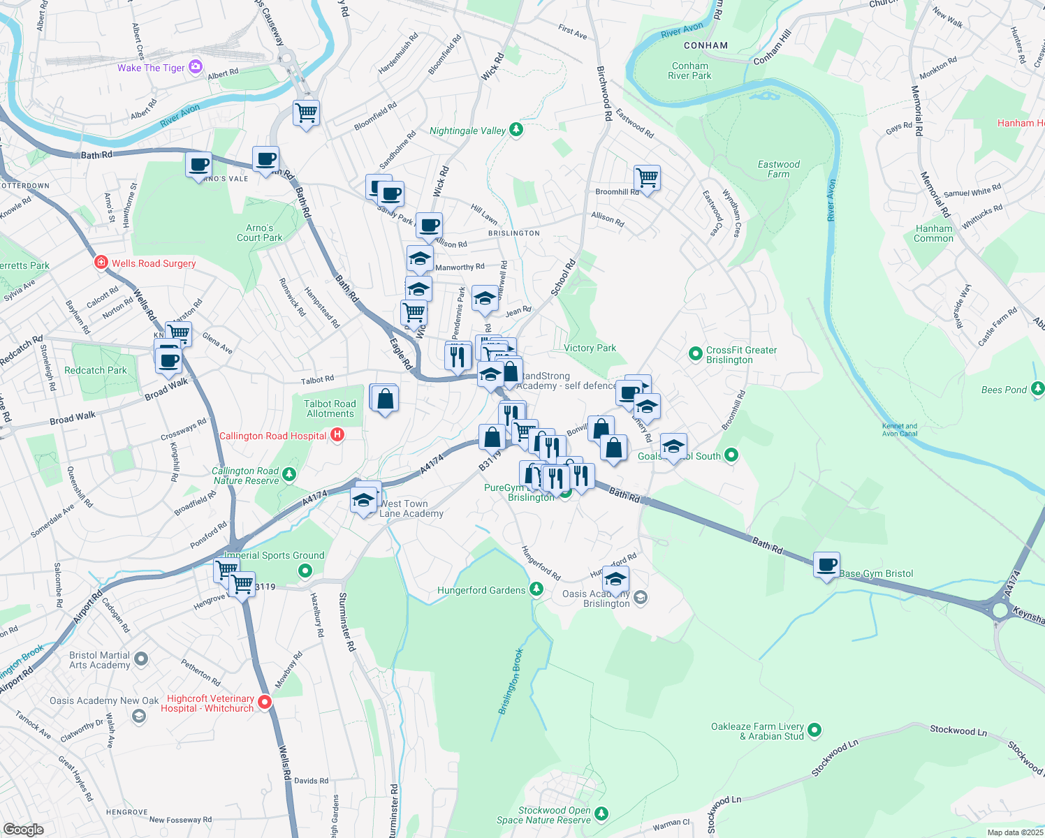 map of restaurants, bars, coffee shops, grocery stores, and more near Brislington Hill in City of Bristol