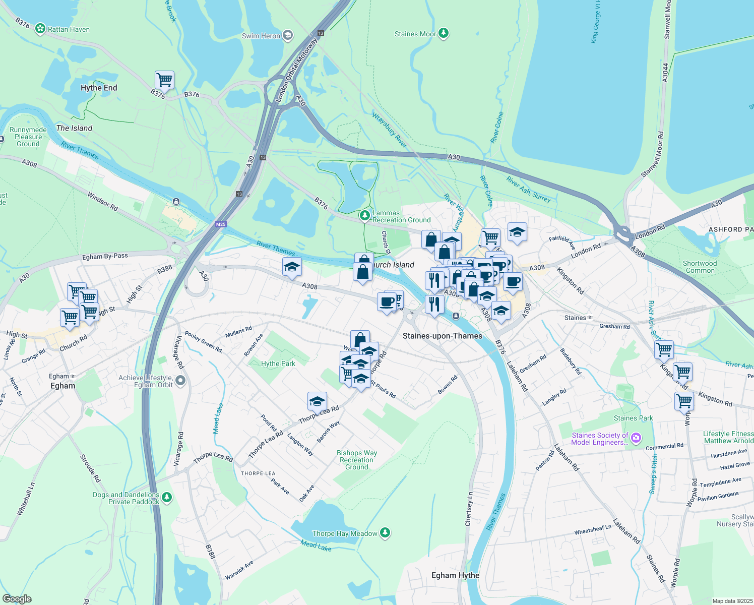 map of restaurants, bars, coffee shops, grocery stores, and more near The Causeway in Staines-upon-Thames
