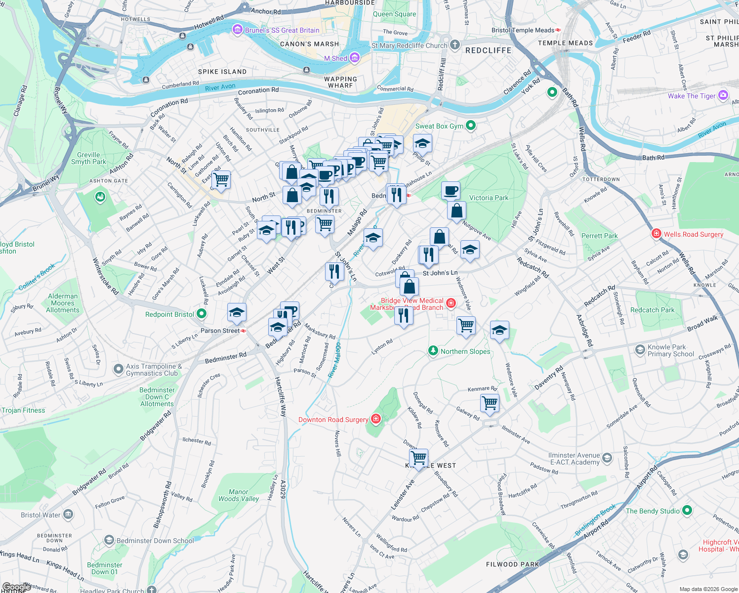 map of restaurants, bars, coffee shops, grocery stores, and more near Dickinsons Fields in Bristol City