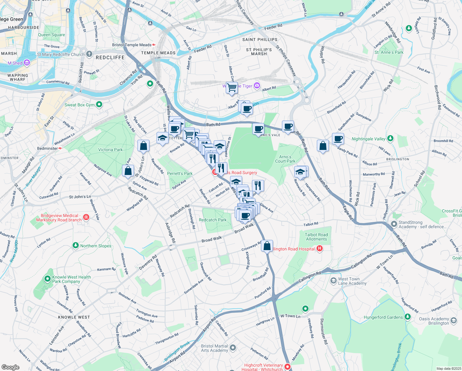 map of restaurants, bars, coffee shops, grocery stores, and more near Wells Road in Bristol City