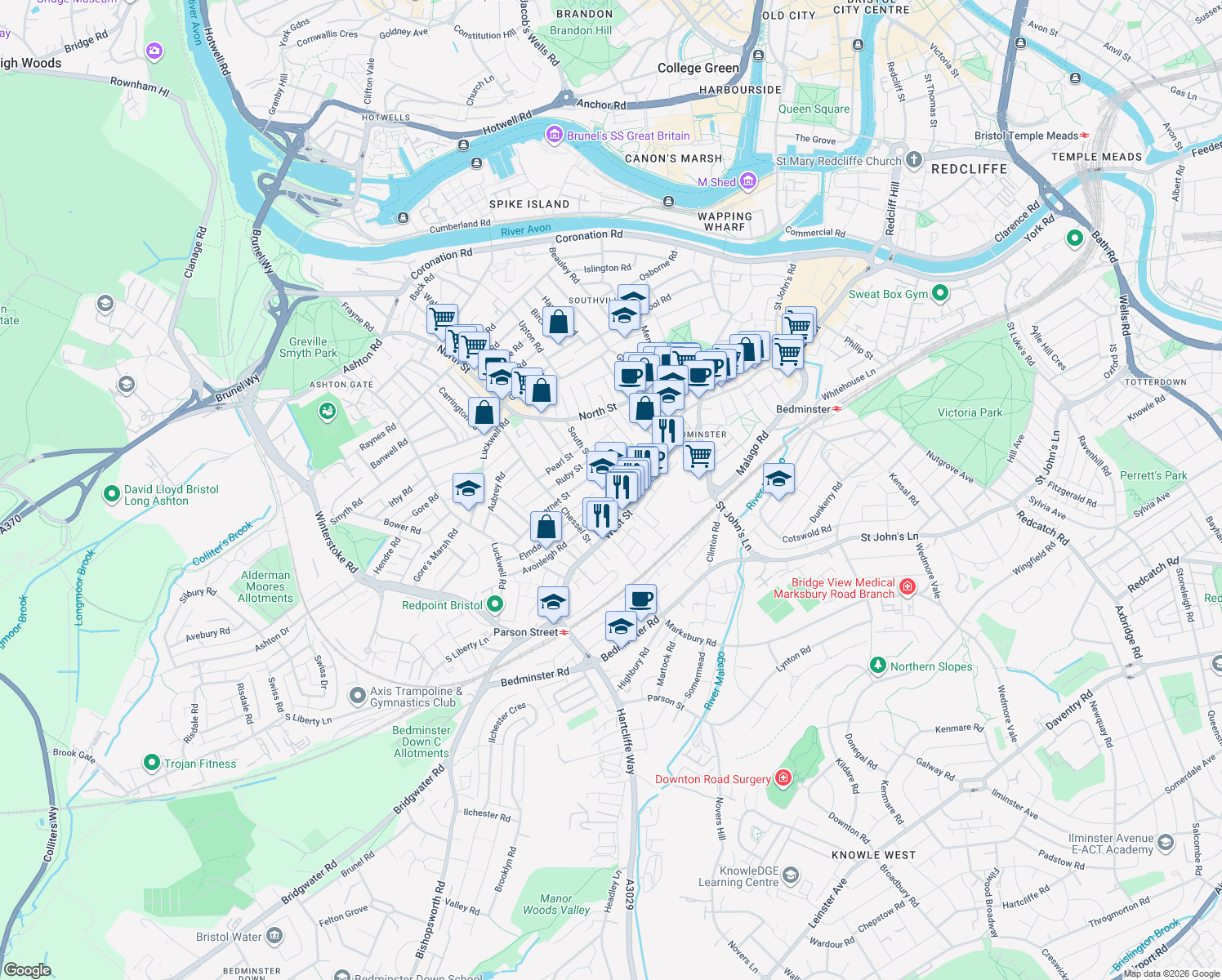 map of restaurants, bars, coffee shops, grocery stores, and more near 75 South Street in Bristol City