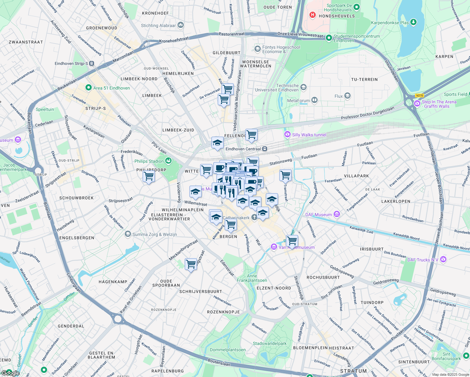 map of restaurants, bars, coffee shops, grocery stores, and more near Expeditiestraat in Eindhoven