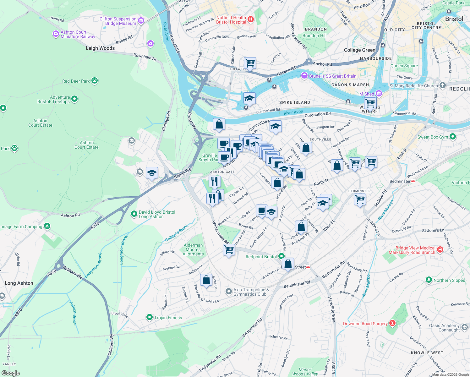 map of restaurants, bars, coffee shops, grocery stores, and more near Raynes Road in Bristol City
