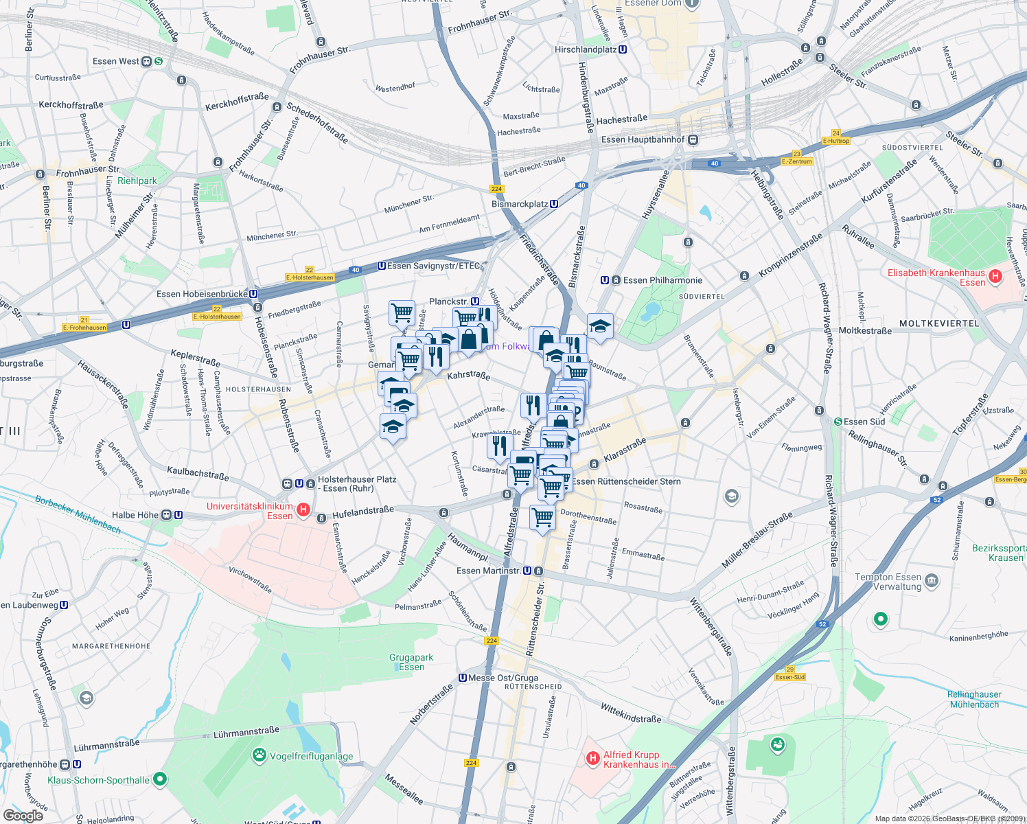 map of restaurants, bars, coffee shops, grocery stores, and more near Goethestraße in Essen