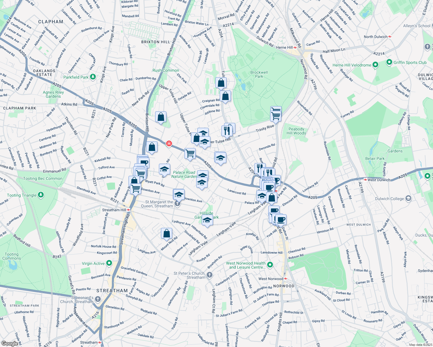 map of restaurants, bars, coffee shops, grocery stores, and more near 22 Christchurch Road in Greater London