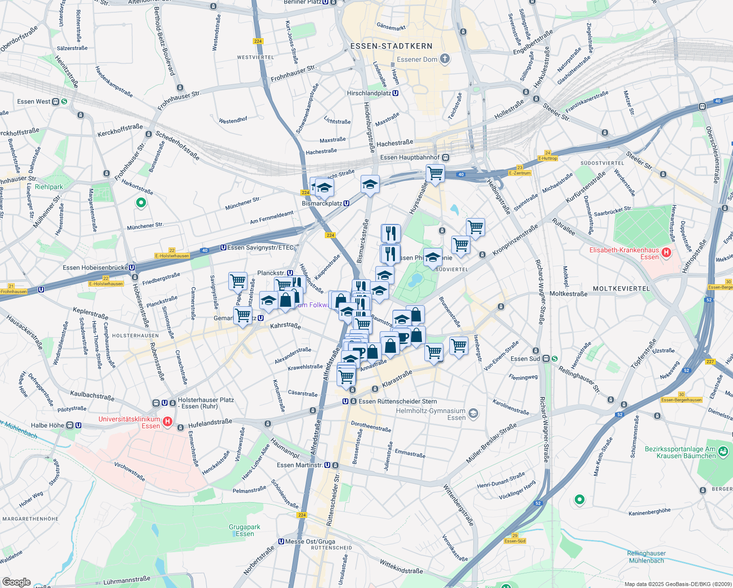 map of restaurants, bars, coffee shops, grocery stores, and more near 1 Friedrichstraße in Essen
