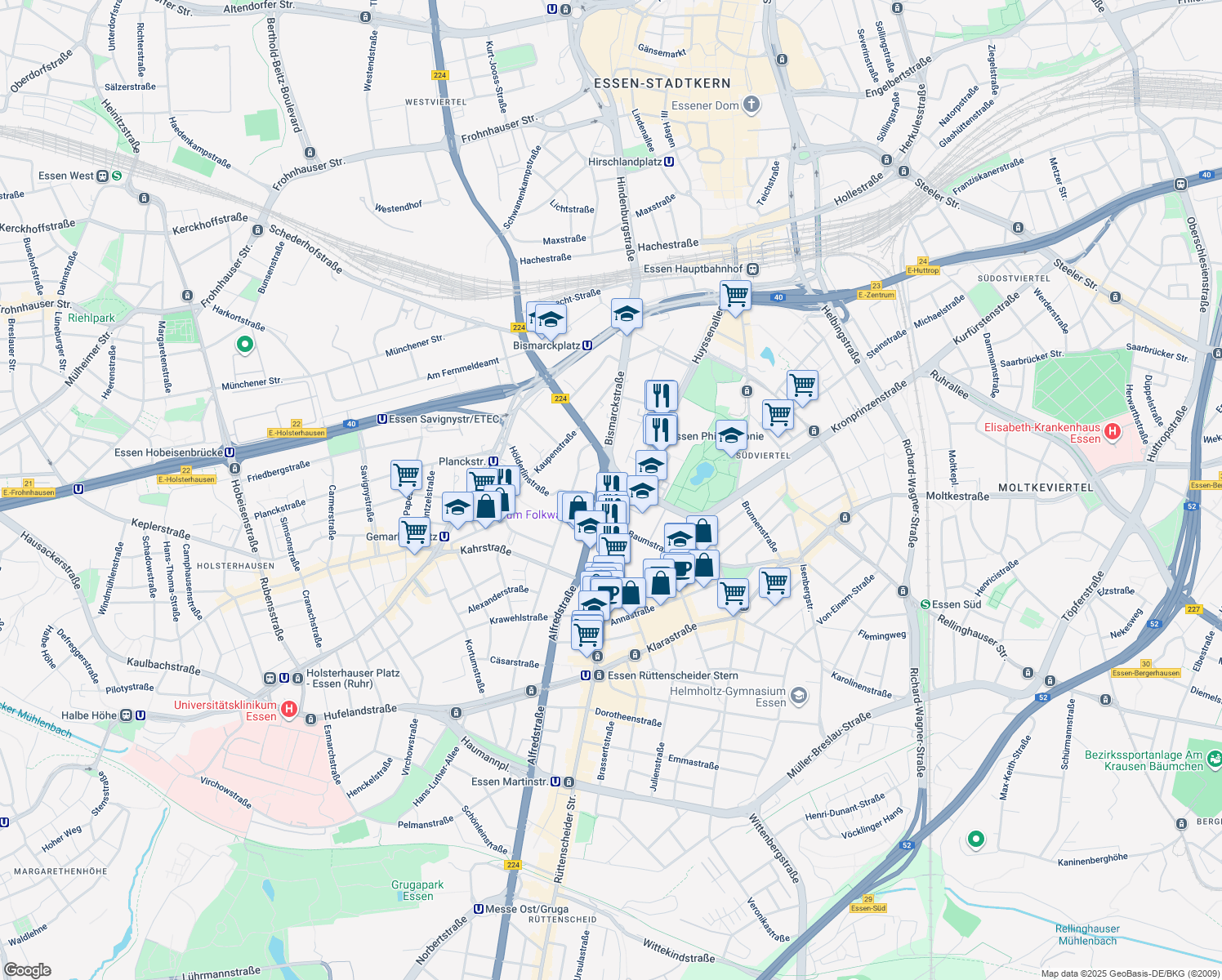 map of restaurants, bars, coffee shops, grocery stores, and more near 1 Friedrichstraße in Essen