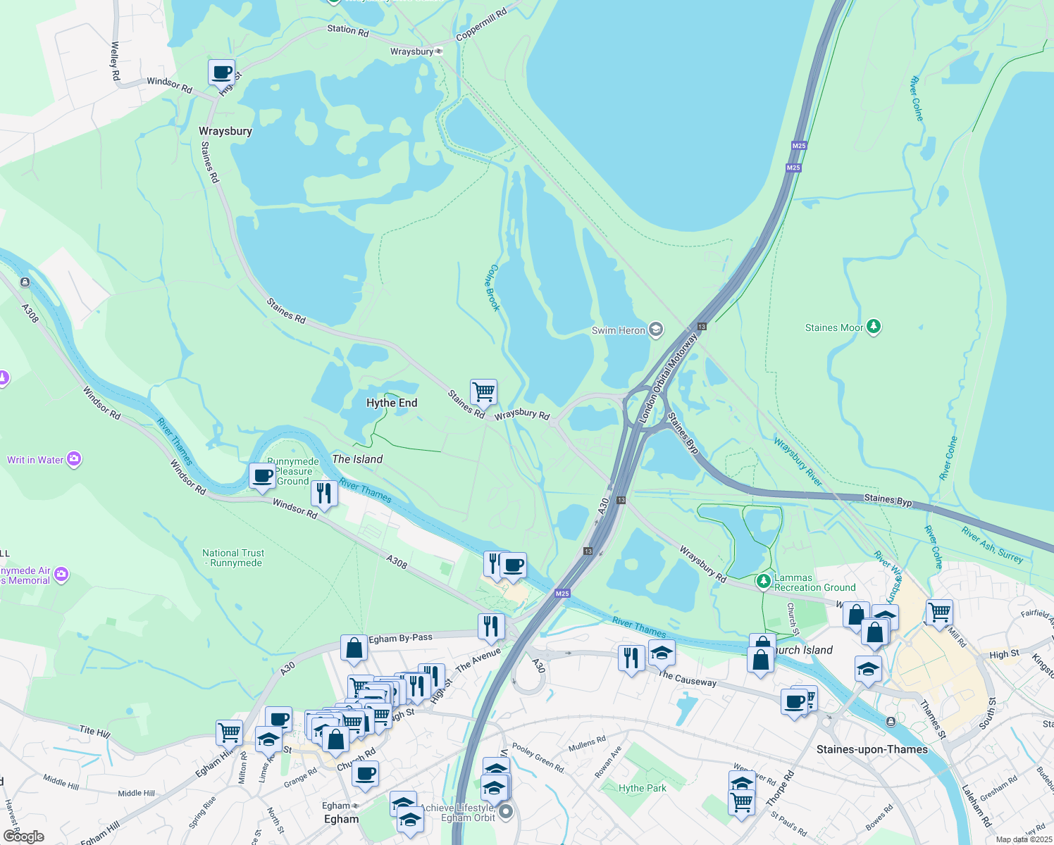 map of restaurants, bars, coffee shops, grocery stores, and more near Wraysbury Road in Staines-upon-Thames