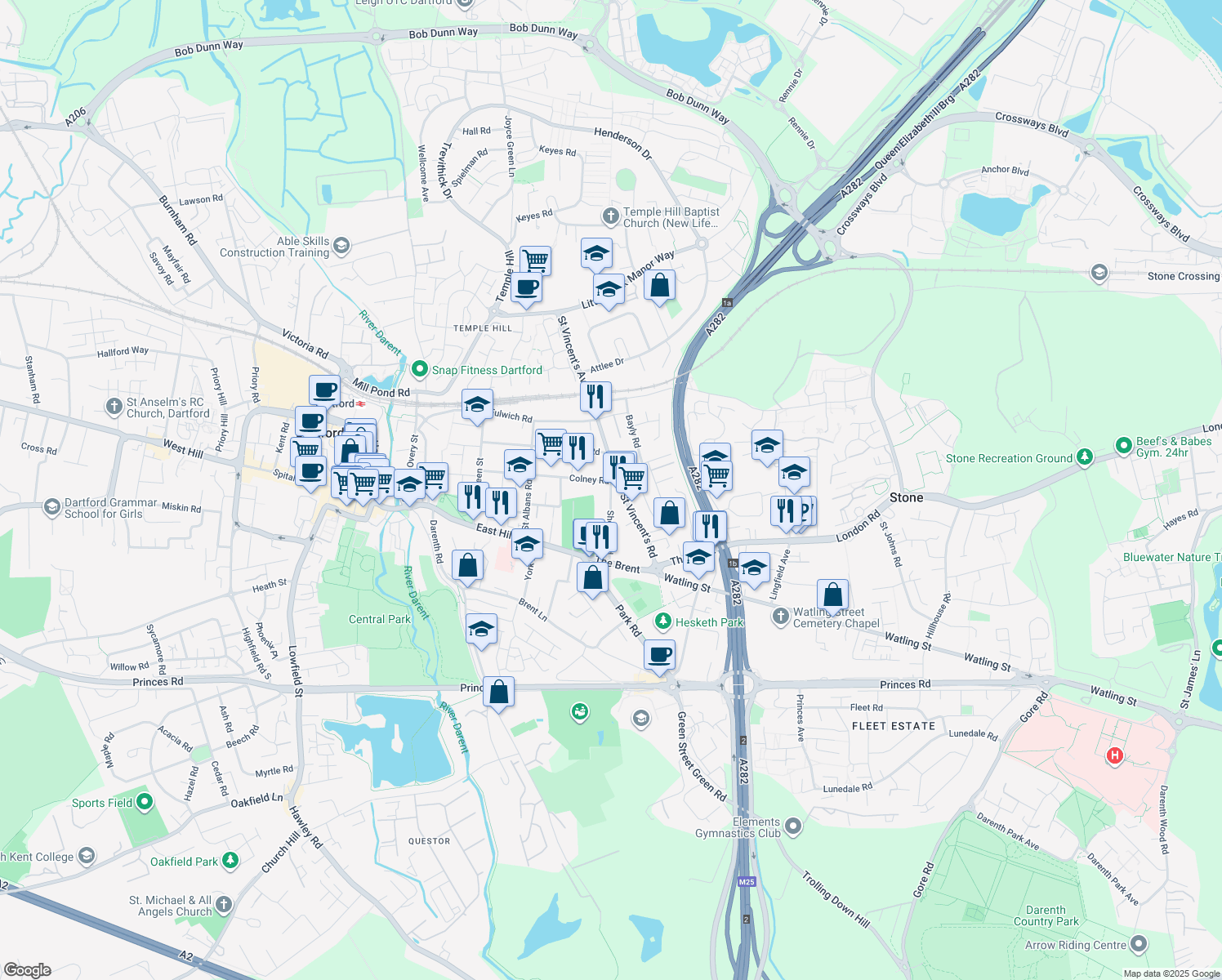 map of restaurants, bars, coffee shops, grocery stores, and more near Shenley Road in Kent