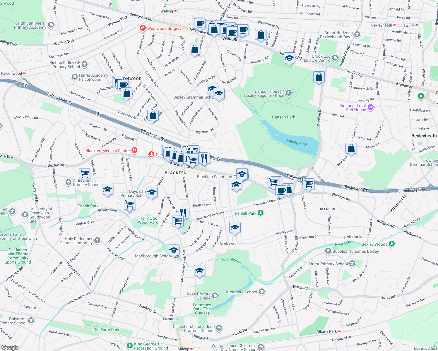 map of restaurants, bars, coffee shops, grocery stores, and more near Blackfen Road in Greater London