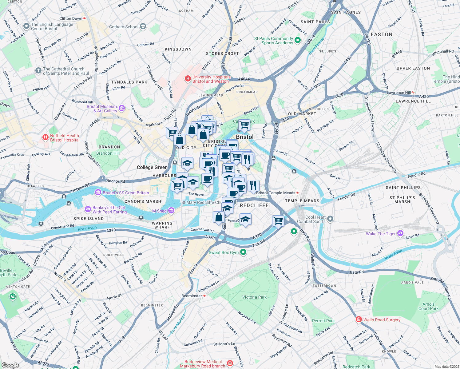 map of restaurants, bars, coffee shops, grocery stores, and more near Redcliff Street in Bristol City