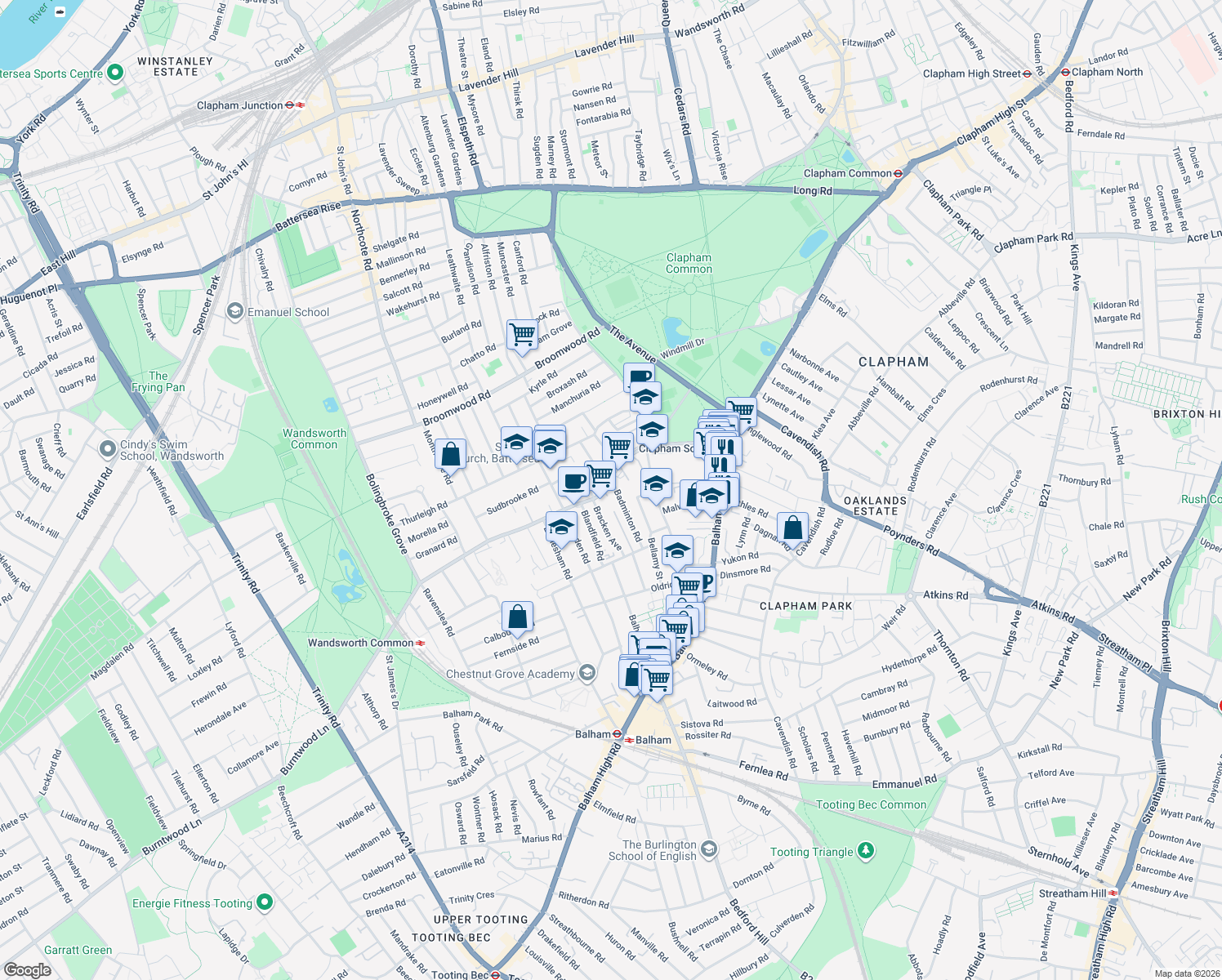 map of restaurants, bars, coffee shops, grocery stores, and more near 43 Nightingale Lane in Greater London