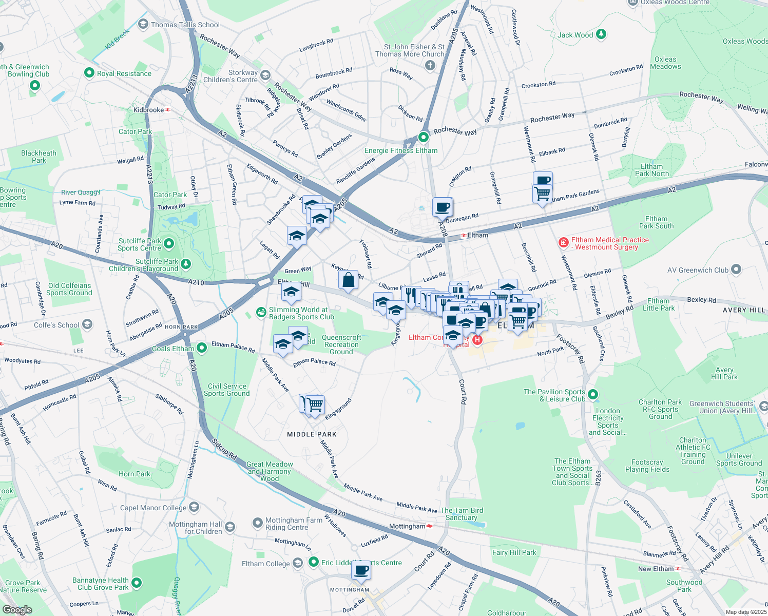 map of restaurants, bars, coffee shops, grocery stores, and more near Eltham Hill in Greater London