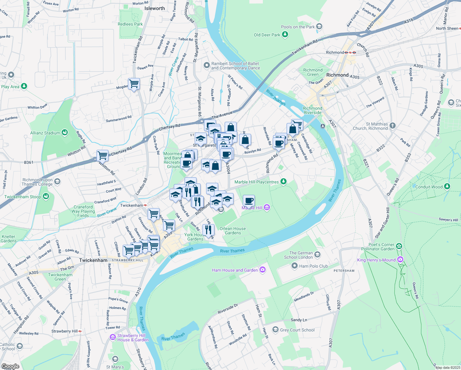 map of restaurants, bars, coffee shops, grocery stores, and more near Crown Road in Greater London