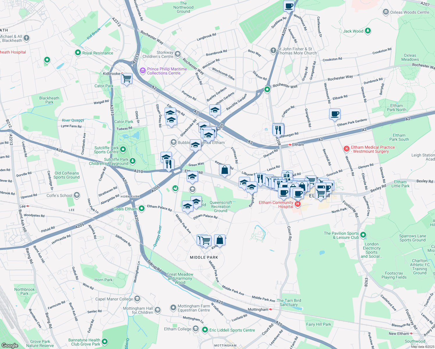 map of restaurants, bars, coffee shops, grocery stores, and more near Eltham Hill in Greater London