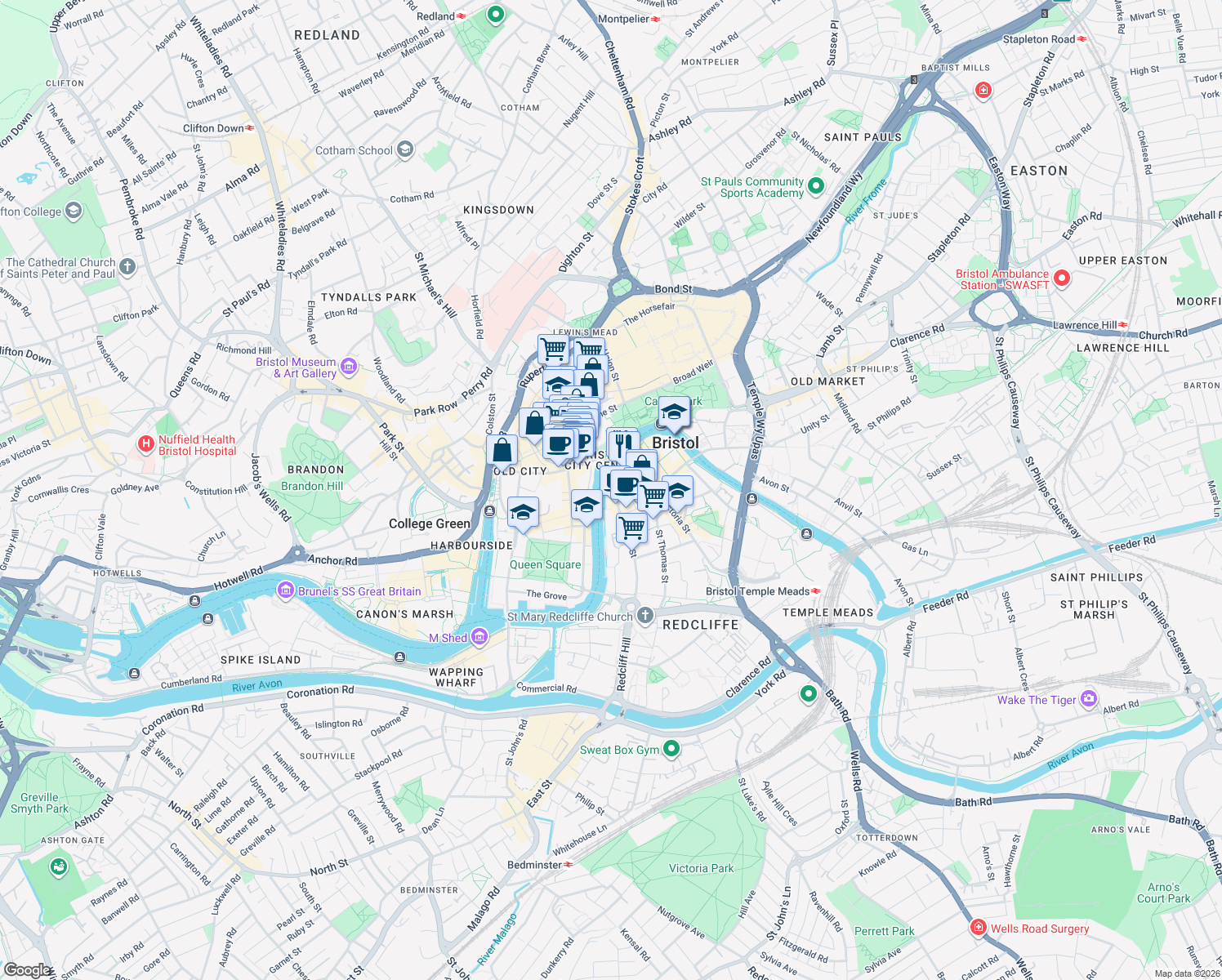 map of restaurants, bars, coffee shops, grocery stores, and more near Redcliff Street in Bristol City