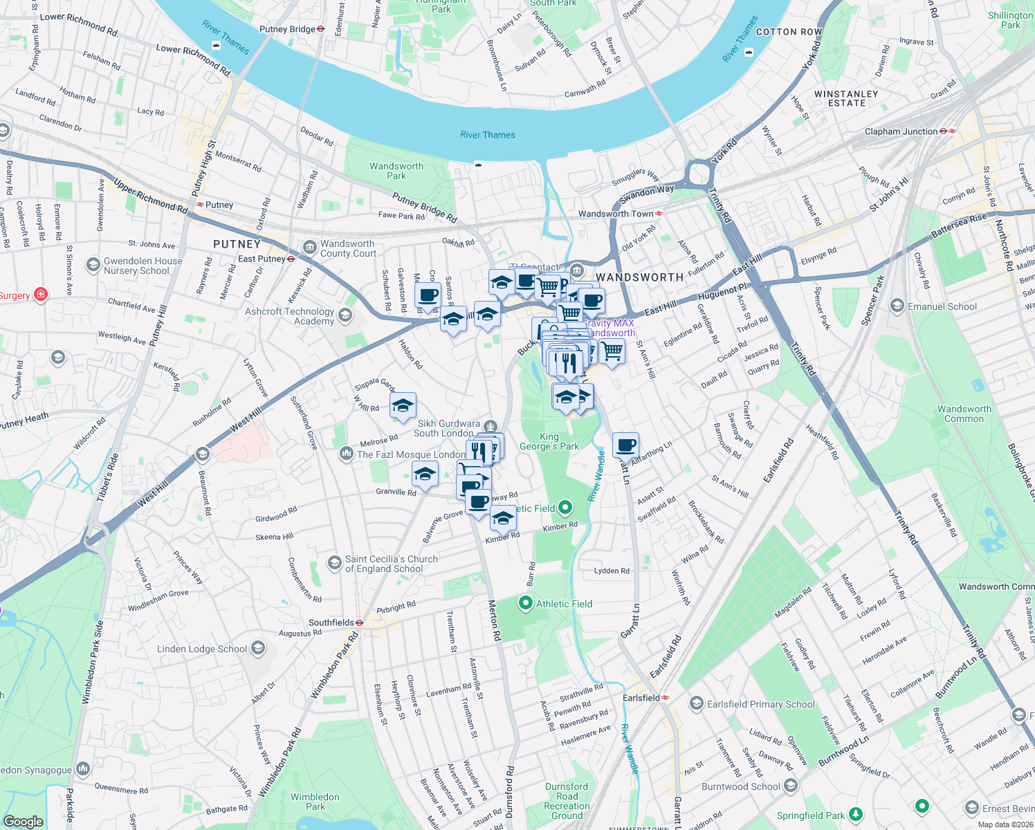 map of restaurants, bars, coffee shops, grocery stores, and more near 3 Mapleton Road in Greater London