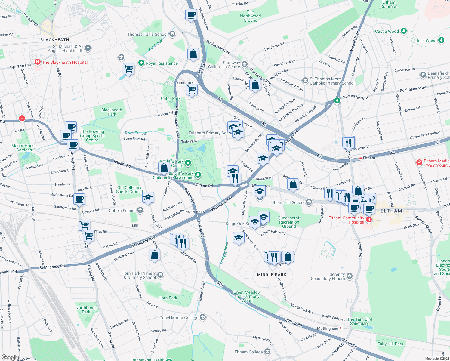 map of restaurants, bars, coffee shops, grocery stores, and more near in Greater London