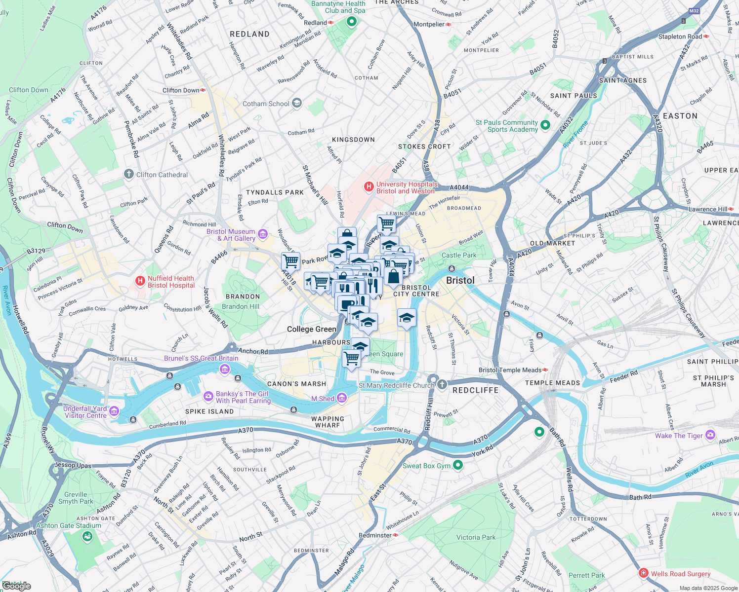 map of restaurants, bars, coffee shops, grocery stores, and more near 13-21 Baldwin Street in Bristol City