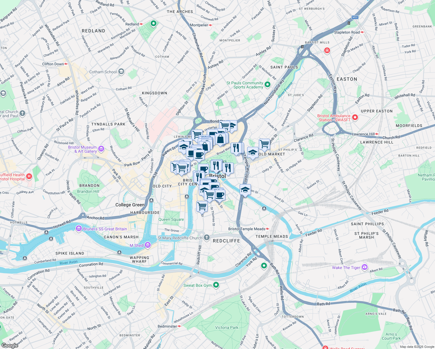 map of restaurants, bars, coffee shops, grocery stores, and more near in Bristol