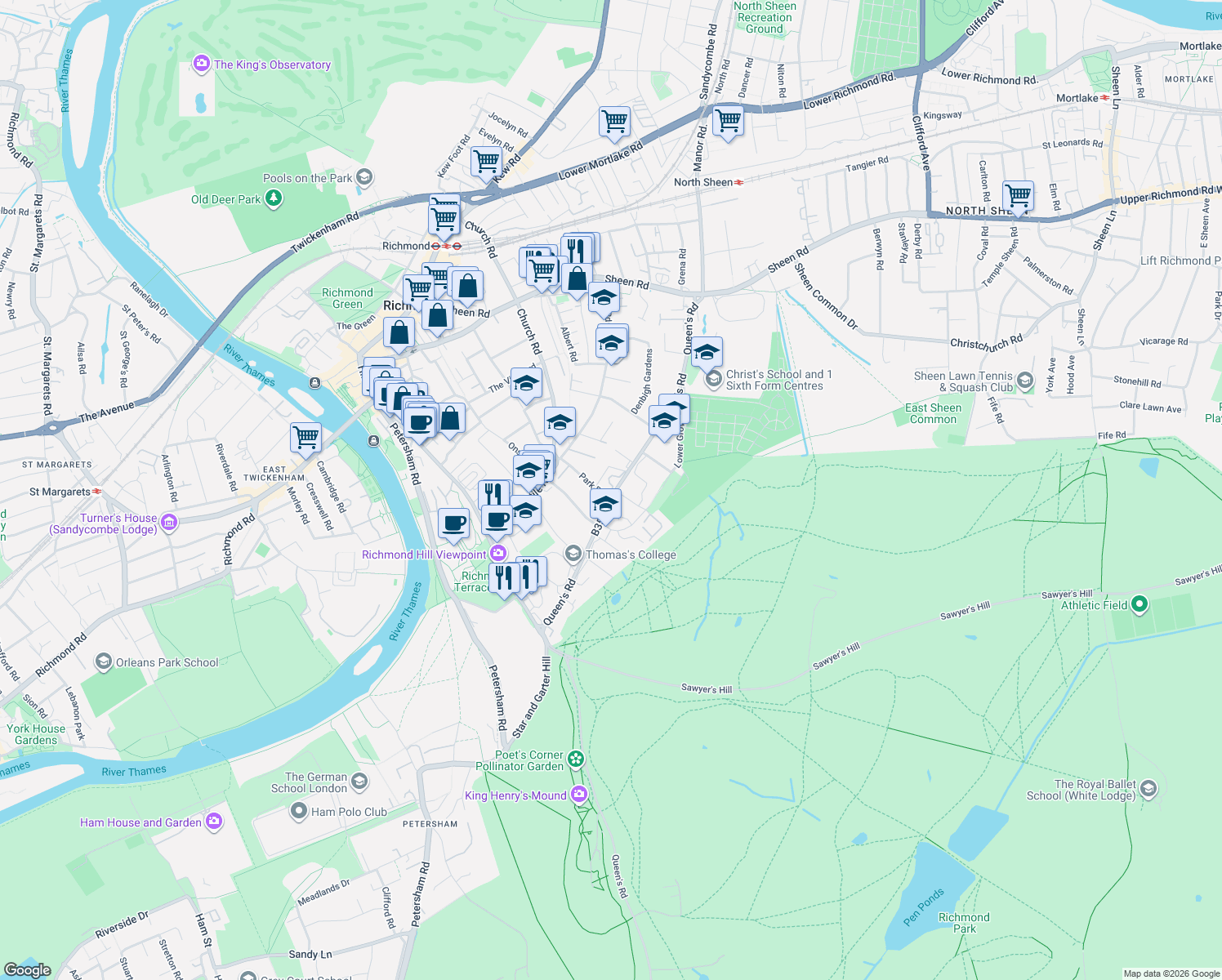 map of restaurants, bars, coffee shops, grocery stores, and more near 15 Queen's Road in Greater London