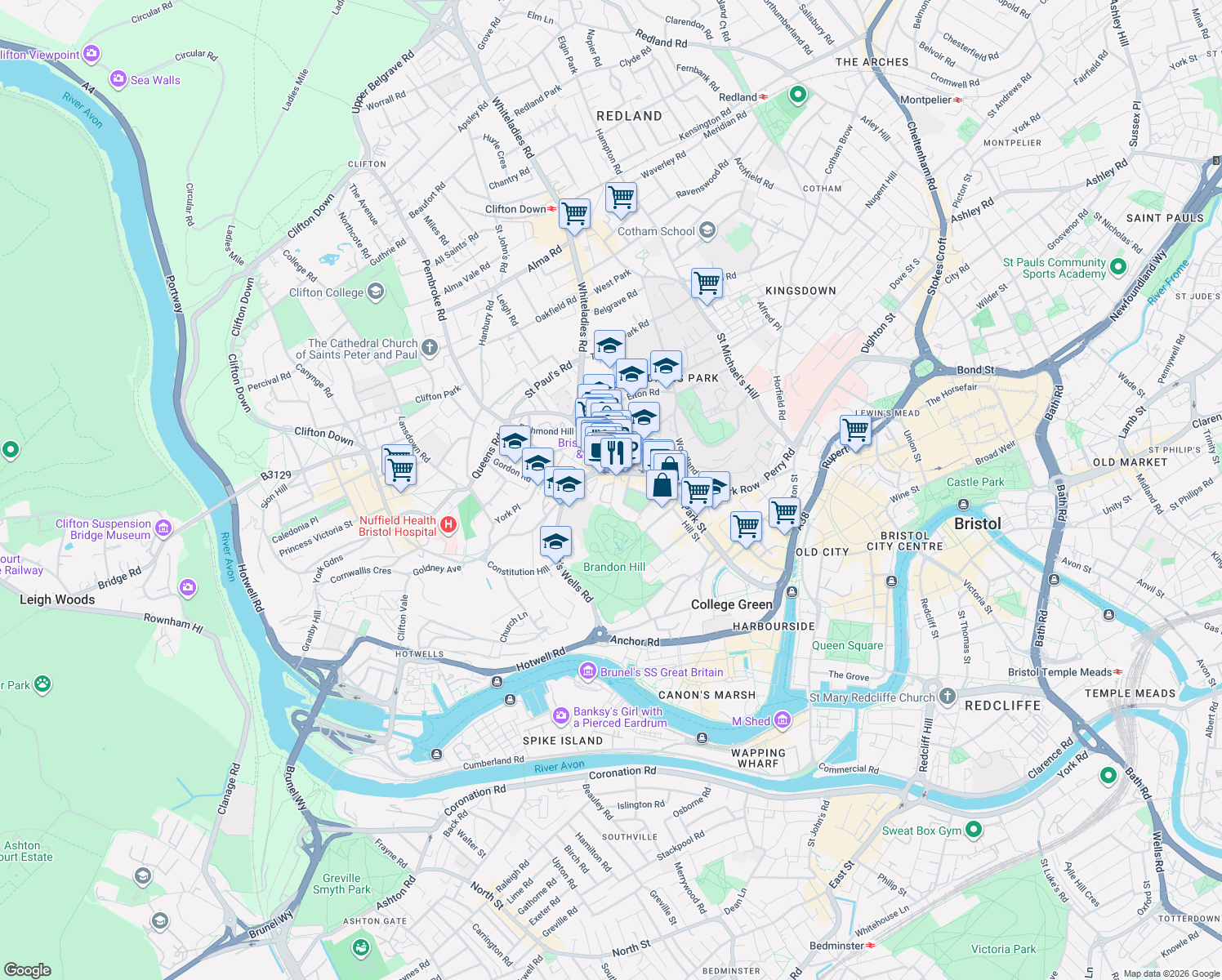 map of restaurants, bars, coffee shops, grocery stores, and more near Upper Byron Place in Bristol City