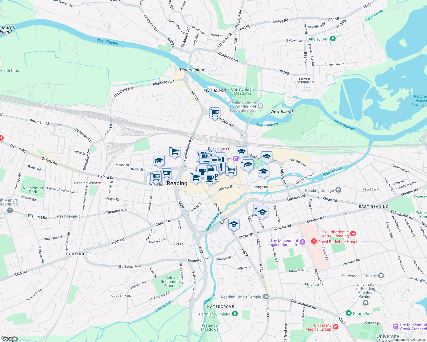 map of restaurants, bars, coffee shops, grocery stores, and more near 21 Union Street in Berkshire