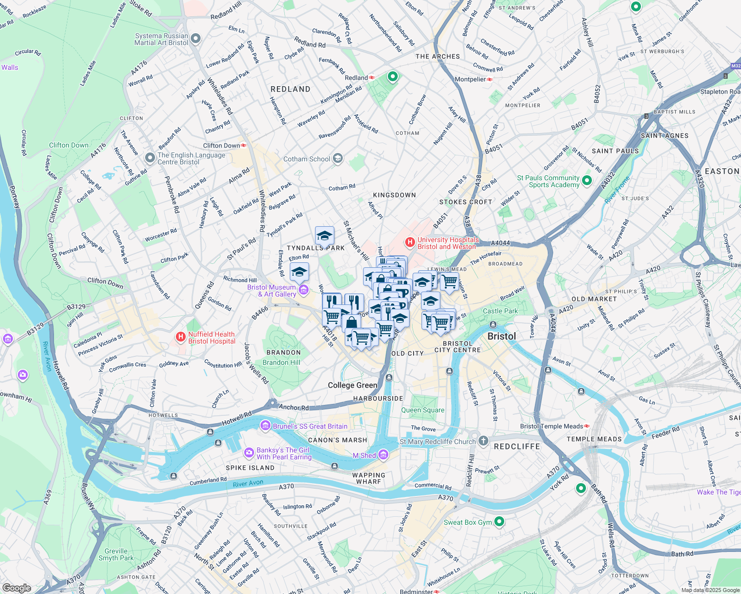 map of restaurants, bars, coffee shops, grocery stores, and more near Old Park Hill in City of Bristol