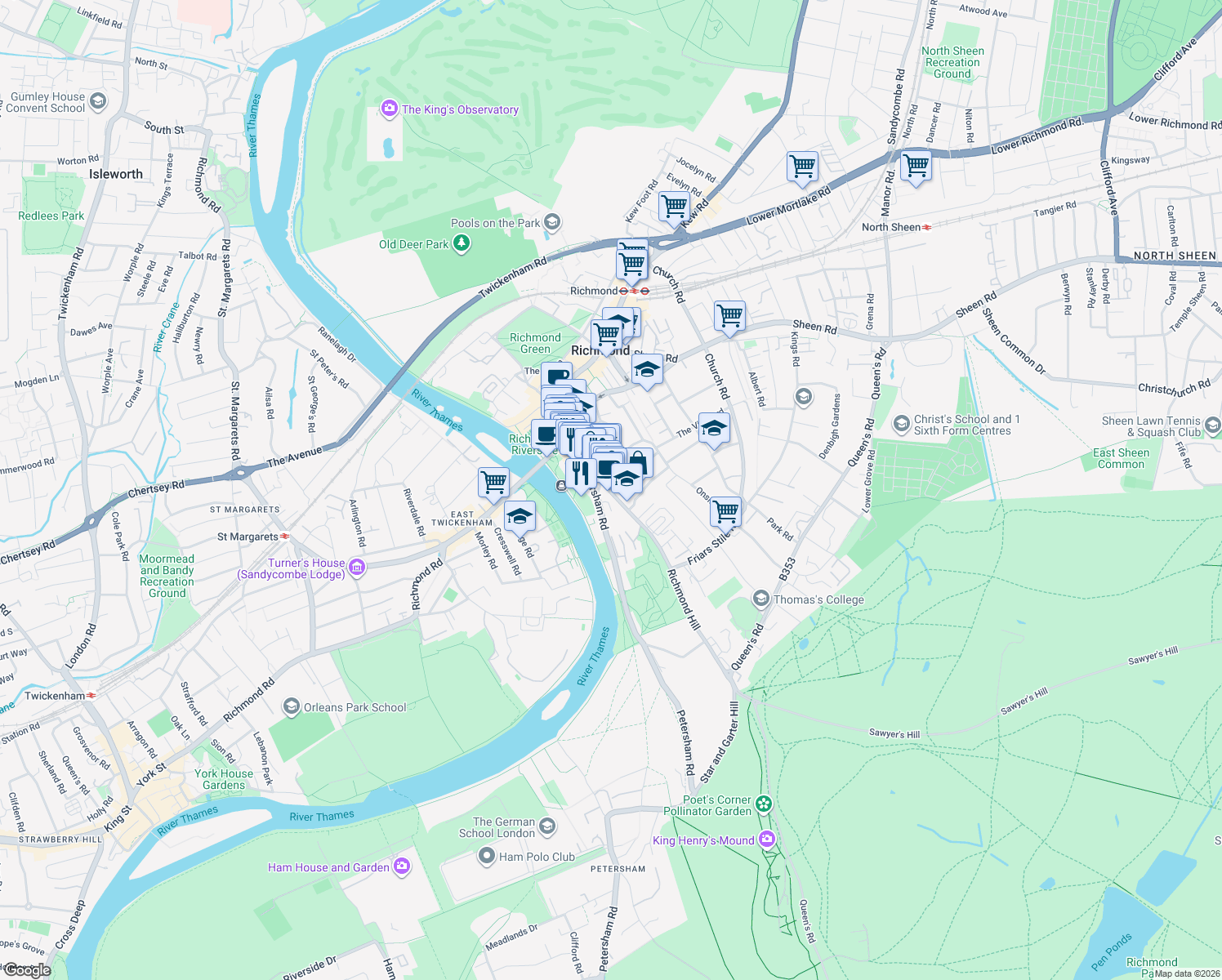 map of restaurants, bars, coffee shops, grocery stores, and more near 2 Richmond Hill in Greater London