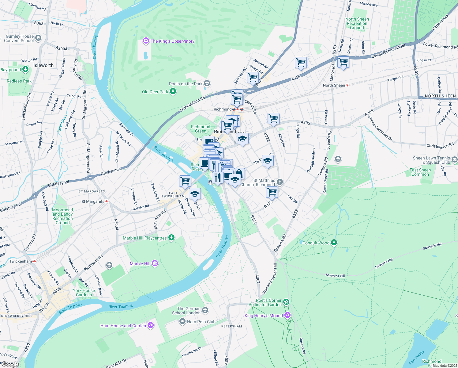 map of restaurants, bars, coffee shops, grocery stores, and more near 2 Richmond Hill in Greater London