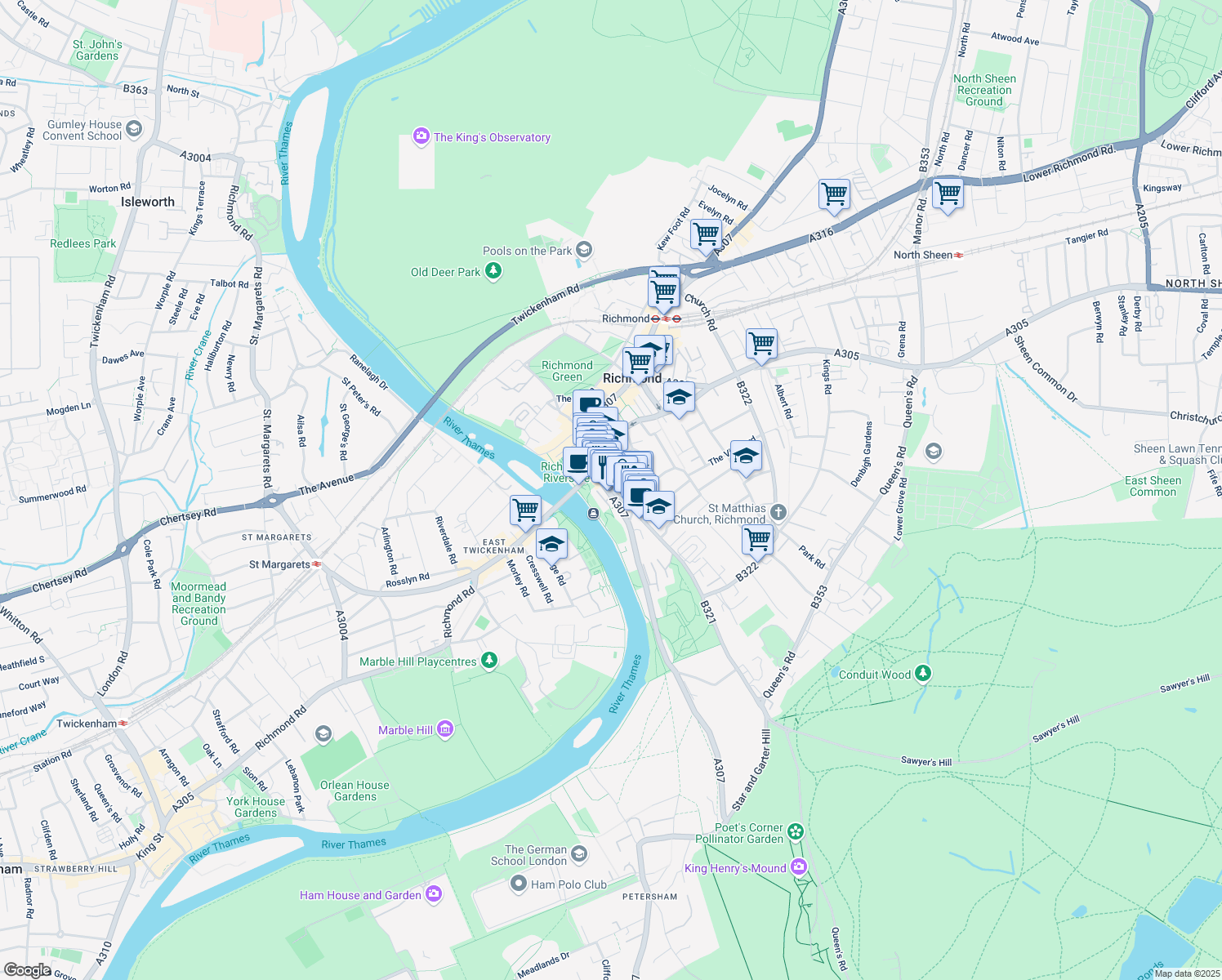 map of restaurants, bars, coffee shops, grocery stores, and more near Hill Rise in Greater London