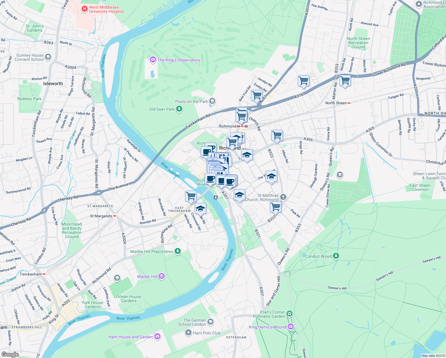map of restaurants, bars, coffee shops, grocery stores, and more near Ormond Road in Greater London