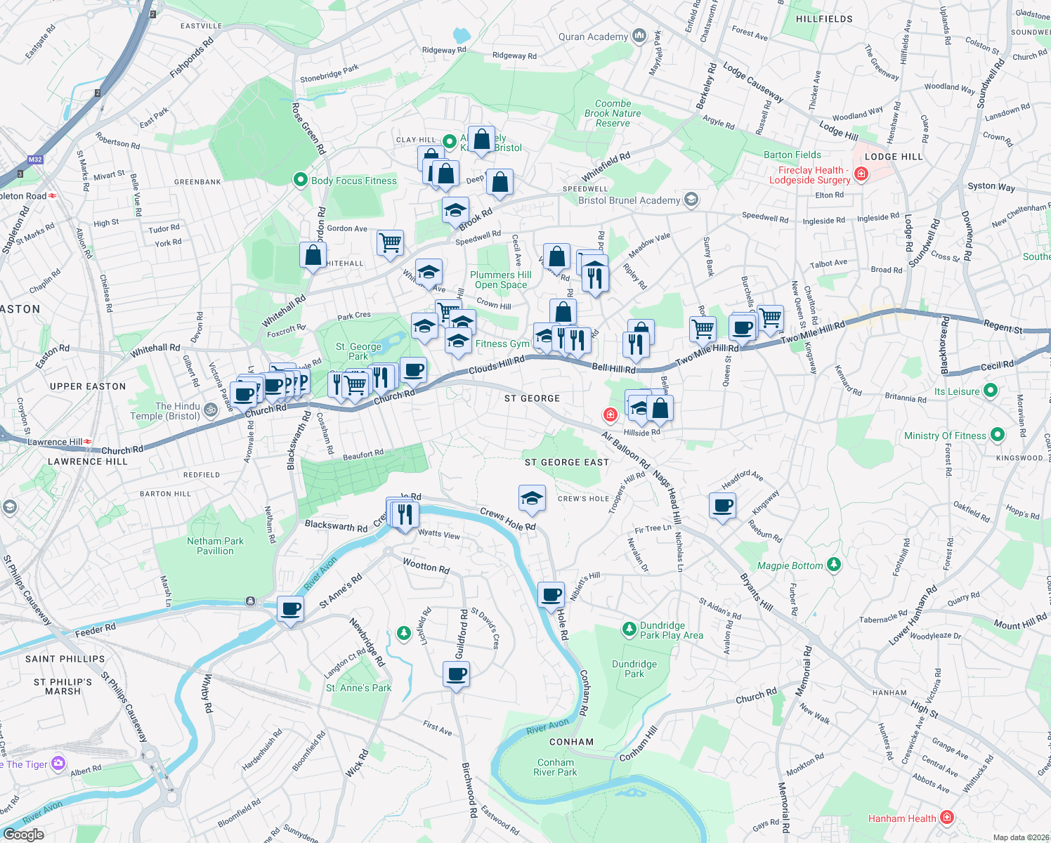 map of restaurants, bars, coffee shops, grocery stores, and more near Queen's Road in Bristol City