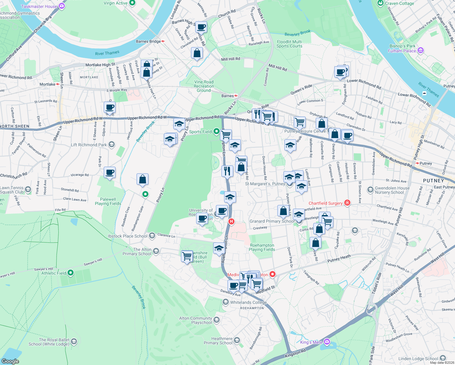 map of restaurants, bars, coffee shops, grocery stores, and more near Roehampton Lane in Greater London