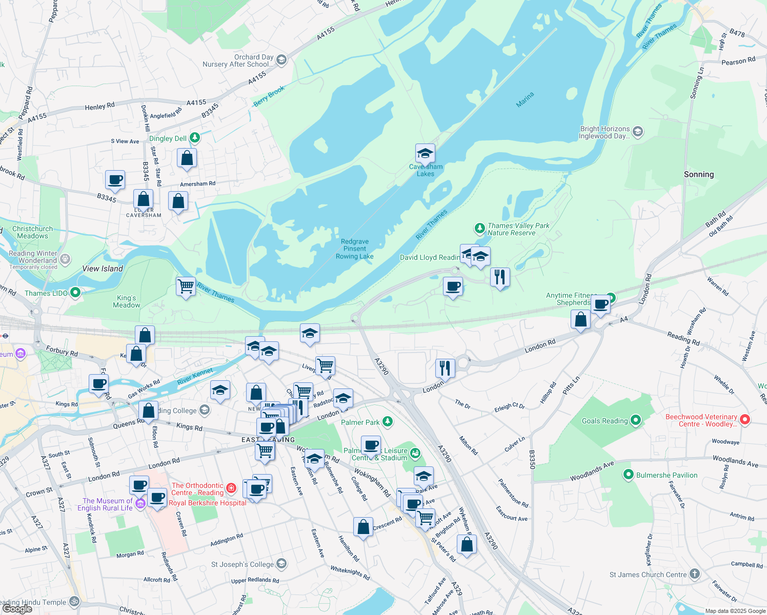 map of restaurants, bars, coffee shops, grocery stores, and more near in Earley