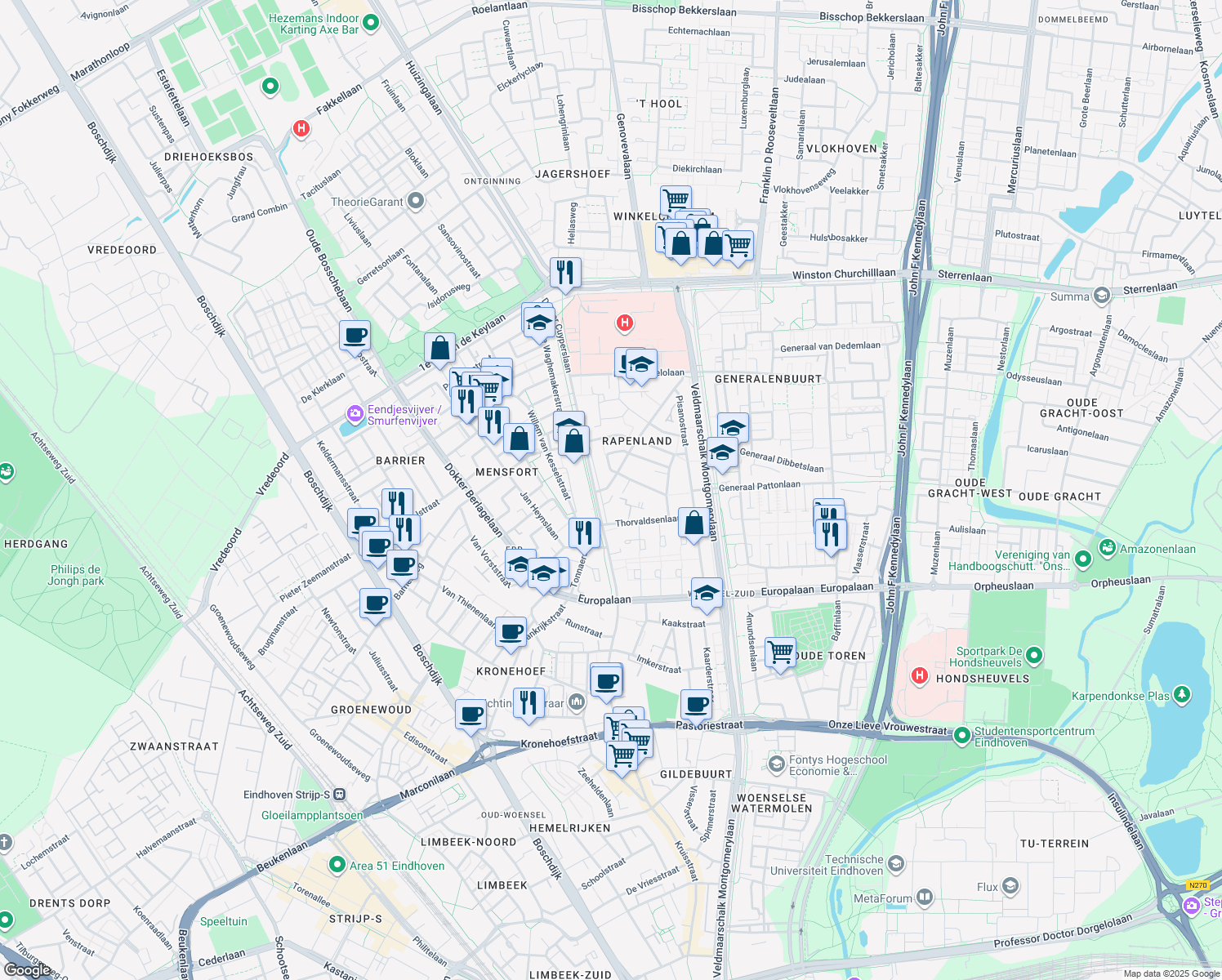 map of restaurants, bars, coffee shops, grocery stores, and more near 361 Woenselsestraat in Eindhoven