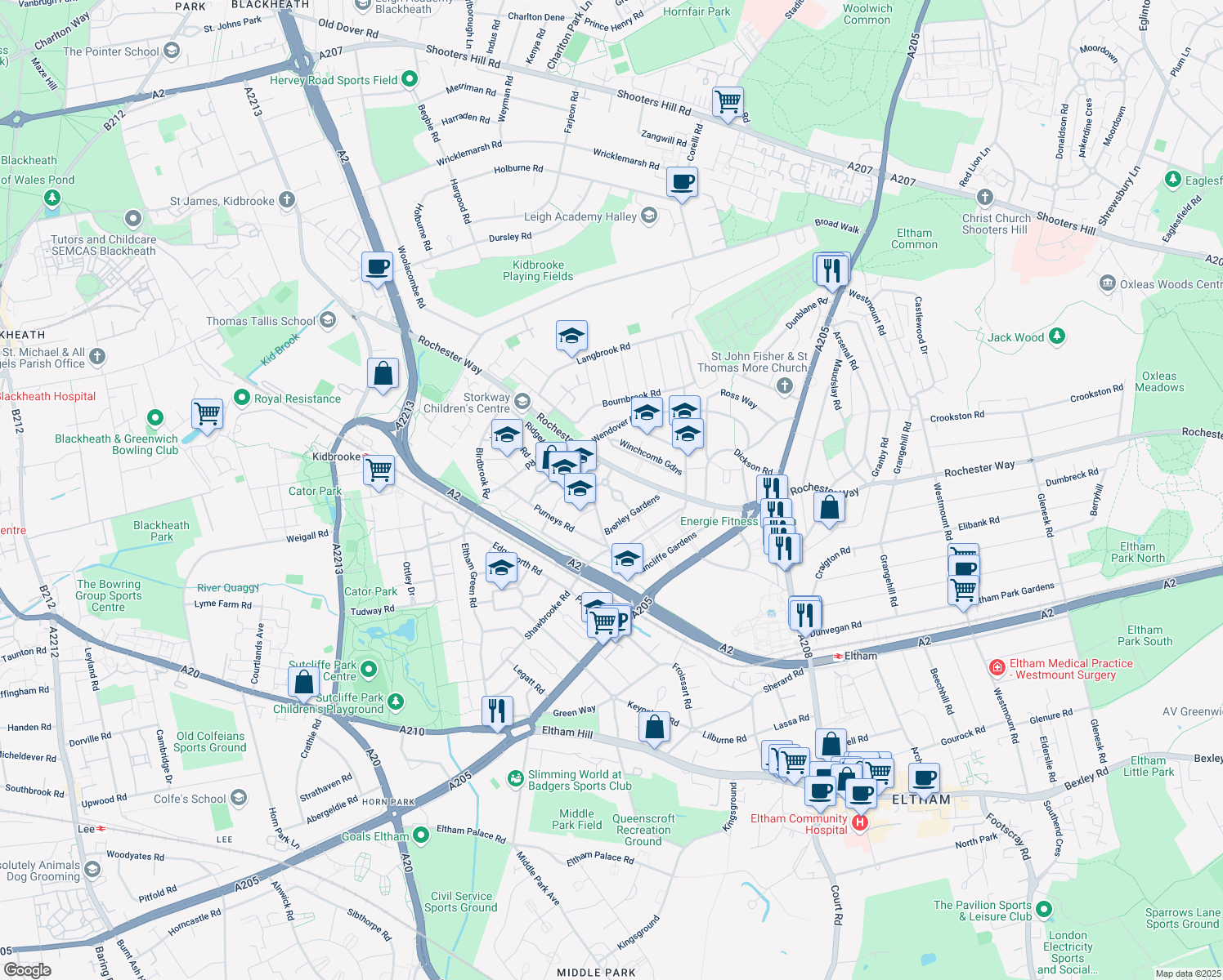 map of restaurants, bars, coffee shops, grocery stores, and more near Lynsted Gardens in Greater London