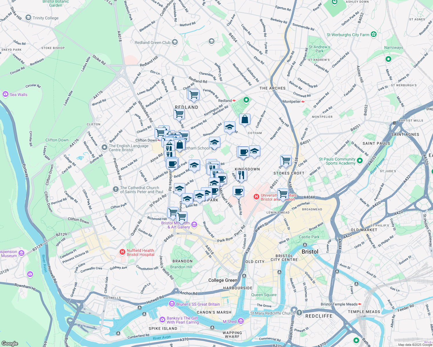 map of restaurants, bars, coffee shops, grocery stores, and more near High Kingsdown in Bristol City